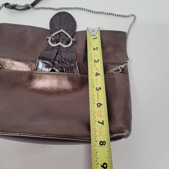 Brighton Scarlet Bronze Fold Over Leather Handbag Silver Strap W/Dust Bag EUC - Picture 8 of 12